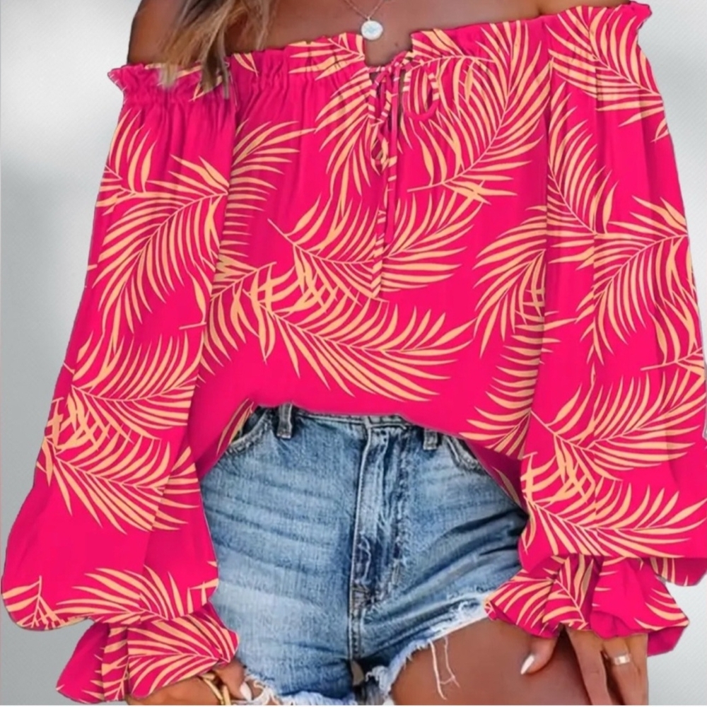 Off-Shoulder Hot Pink Palm-Print Blouse